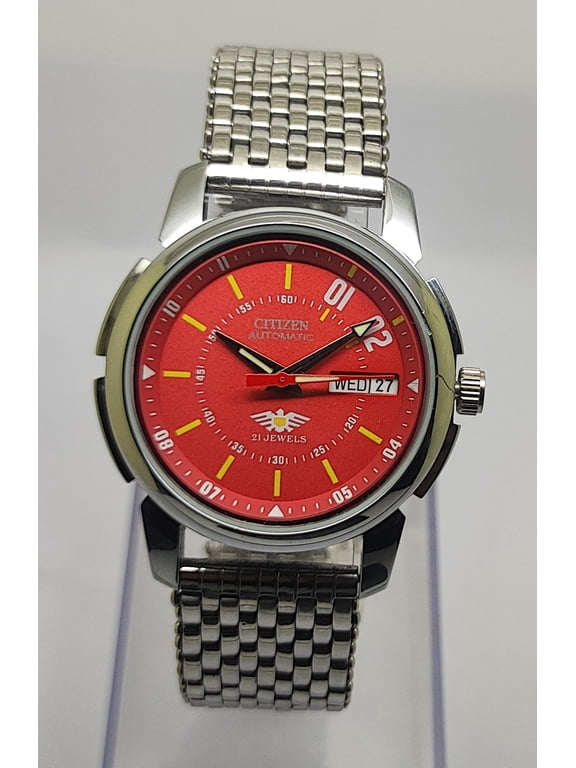 Citizen Automatic Watch, Red Dial, Stainless Steel Bracelet, Day-Date Display, 21 Jewels