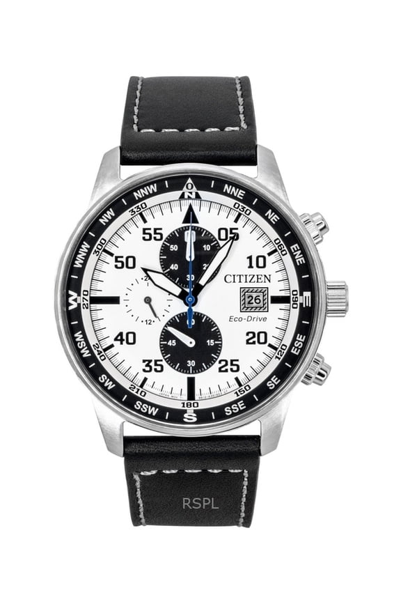 Eco-Drive Aviator Chronograph Leather Strap White Dial CA0880-07A 100M Men's Watch