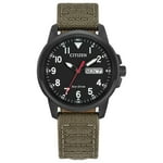 Citizen Men's Eco-Drive Weekender Garrison, Black Stainless Steel Watch, Khaki Leather Strap, 3 Hand, Day/Date (Model: BM8186-07E)