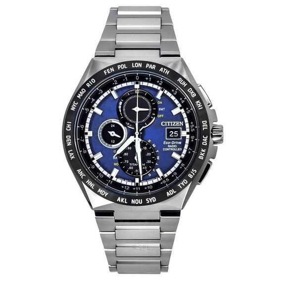 Citizen Eco-Drive Radio Controlled GMT Chronograph Super Titanium Blue Dial AT8238-84L 100M Men's Watch