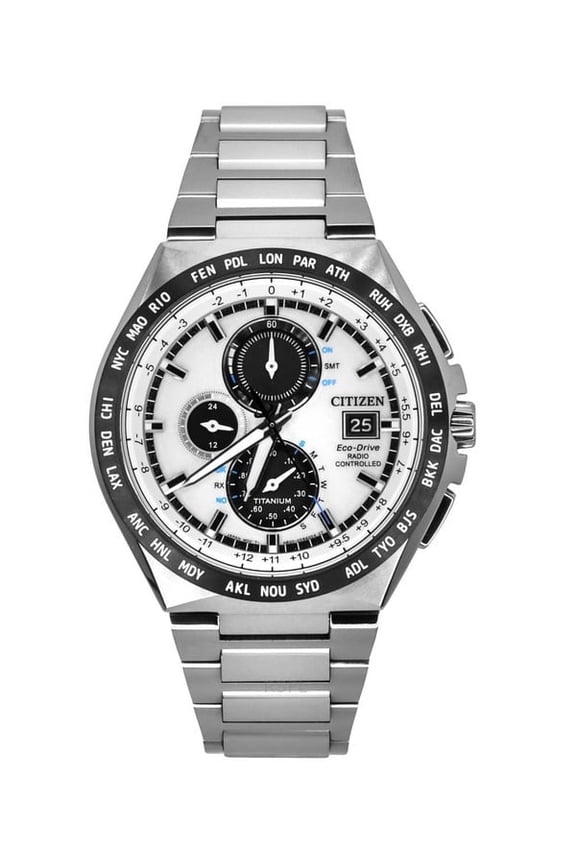 Eco-Drive Radio Controlled GMT Chronograph Super Titanium Silver Dial AT8238-84A 100M Men's Watch