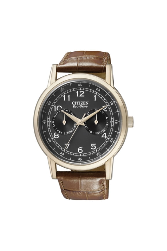 Men's AO9003-08E Dress Analog Display Eco-Drive Watch, Brown Leather Band, Round 42mm Case