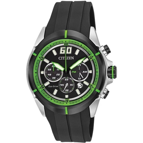Citizen Men's CA4109-01E HTM Eco-Drive Green Accented Black Dial Black Rubber Strap Chronograph Watch