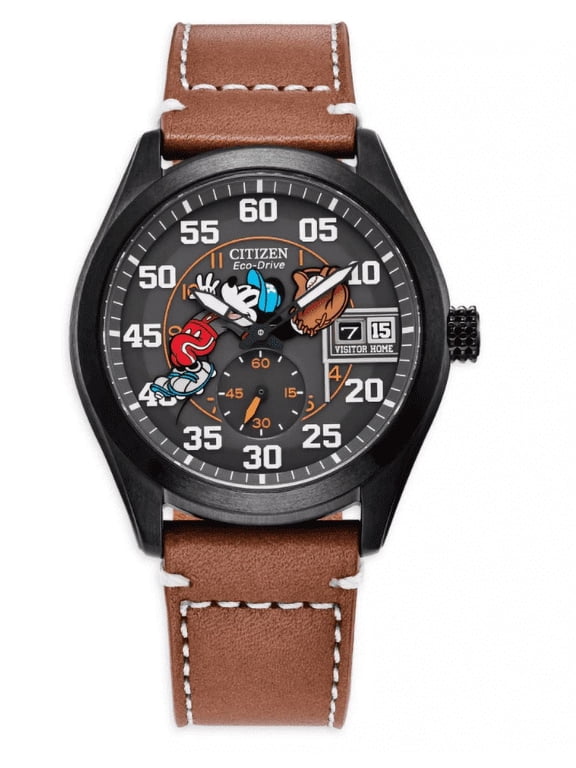 Men's Eco-Drive Disney Mickey Mouse Baseball Theme Leather Strap Watch BV1089-05W