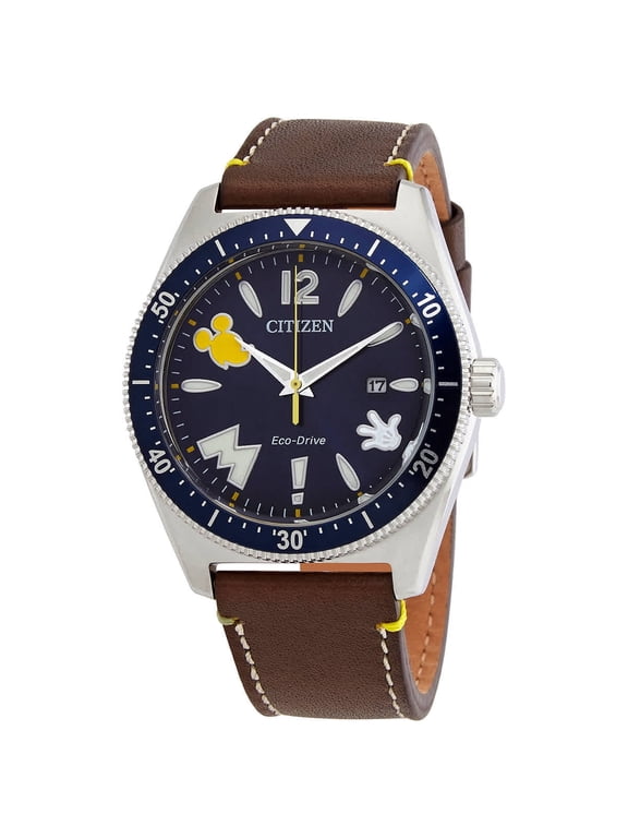 Men's Eco-Drive Disney Mickey Mouse Brown Leather Strap - AW1599-00W