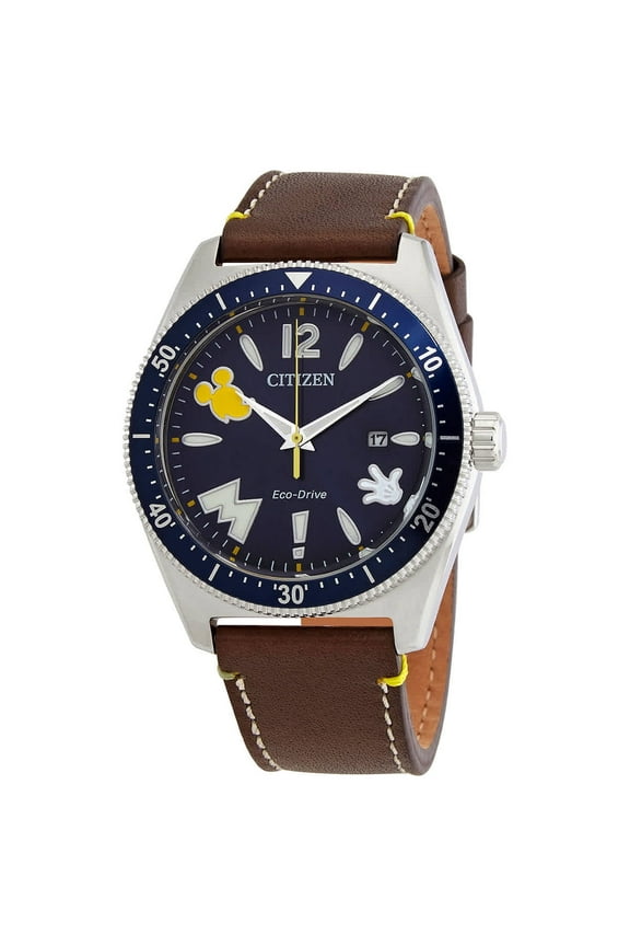 Men's Eco-Drive Disney Mickey Mouse Brown Leather Strap - AW1599-00W