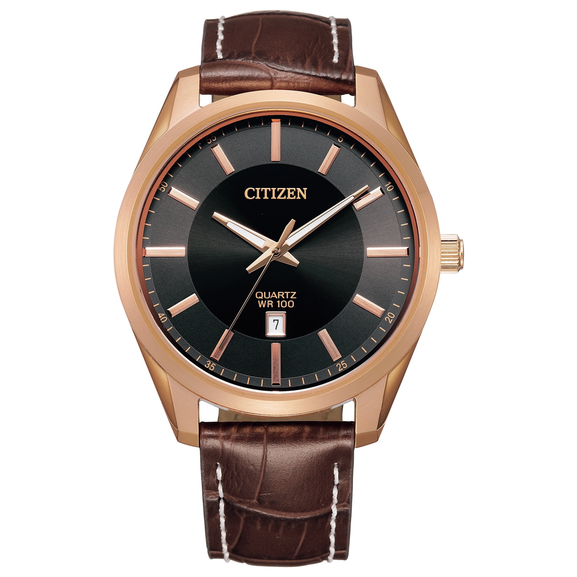 Citizen Men's Quartz Brown Leather Strap Watch with Rose Gold-Tone