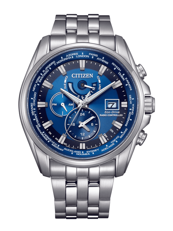 Perpetual Alarm World Time GMT Eco-Drive Blue Dial Men's Watch AT9120-89L