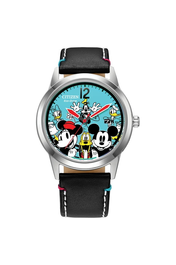 Unisex Eco-Drive Disney Black Leather Strap Watch AW1235-06W
