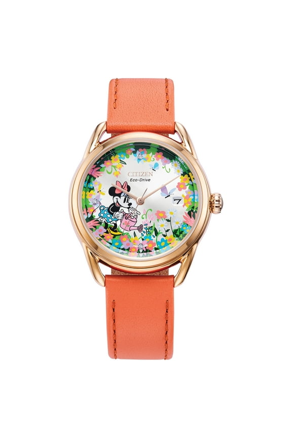 Women's Eco-Drive Disney Minnie Mouse Garden Theme Leather Strap Watch FE6087-04W