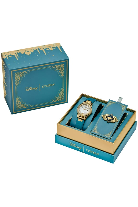 Women's Eco-Drive Disney Princess Teal Blue Leather Strap Box Set Watch - GA1072-07D