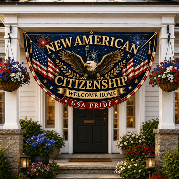 Citizenship Gift Flag Patriotic Bunting Banner, New American Porch Decor