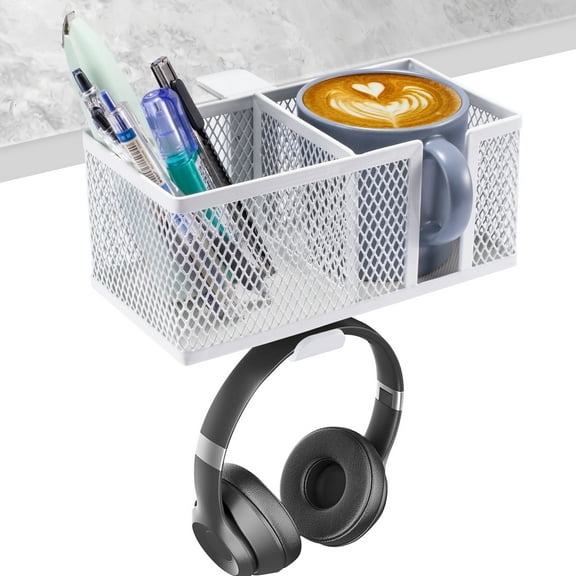 Citqueo 3-in-1 clip-on desktop organizer, holds mugs cell phones and pens. Headphones and data cables can be hung on the rotating headphone holder under the table, (white)