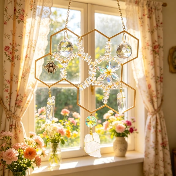 Citrine Beehive Suncatcher, Unique Honeycomb Crystal Light Transmitting Design, Window Hanging Ornament, Craft Pendant for Home Indoor Daily Warm Scene Decoration