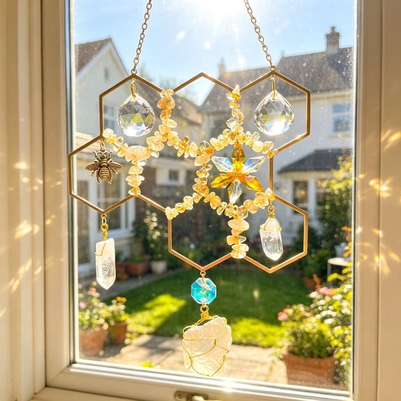 Citrine Crystal Beehive Suncatcher, Honeycomb Natural Healing Ornament, Boho Window Hanging Decor, Stylish Accessory for Home Window Living Room Boho Style