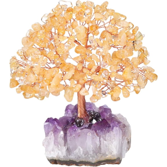 Citrine Crystal Money Tree on Amethyst Cluster Geode Base for Home or Office Decor