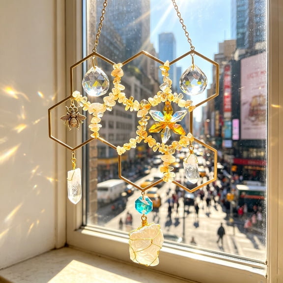 Citrine Crystal Suncatcher, Honeycomb Window Hanging Ornament, Natural Healing Beehive Crystal Prism with Gold Metal Frame, Handcrafted Boho Home Decor for Positive Energy and Light Effects