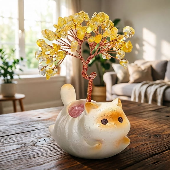 Citrine Tree Figurine with Cute Cat Base Natural Gemstone Desk Ornament for Home Office and Living Room Decor