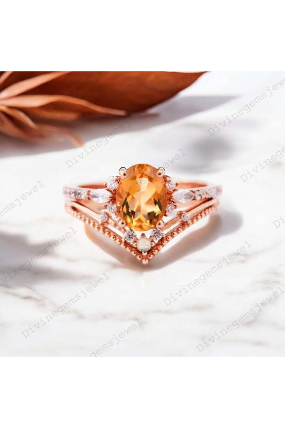 Citrine Engagement Cluster Ring Set Promise Curved Band Set Diamond Halo Wedding Engraved Jewelry Proposal Gift
