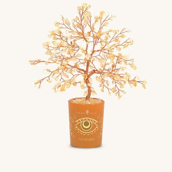 Citrine Feng Shui Crystal Tree November Birthstone Illuminated Path with Handpainted Evil Eye for Positive Energy and Meaningful Gift
