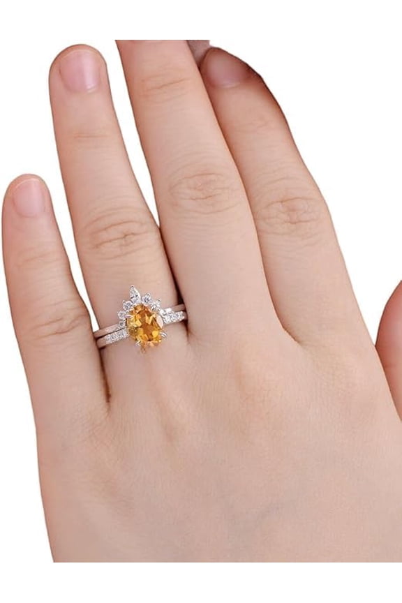 Citrine Gemstone Ring, Natural Citrine Stackable Dainty Ring, CZ Nesting Ring, November Birthstone, Womens Ring, 925 Sterling Silver, 2 Ring Set, Birthday Gift, Minimal Ring, Stacking Ring, Christmas