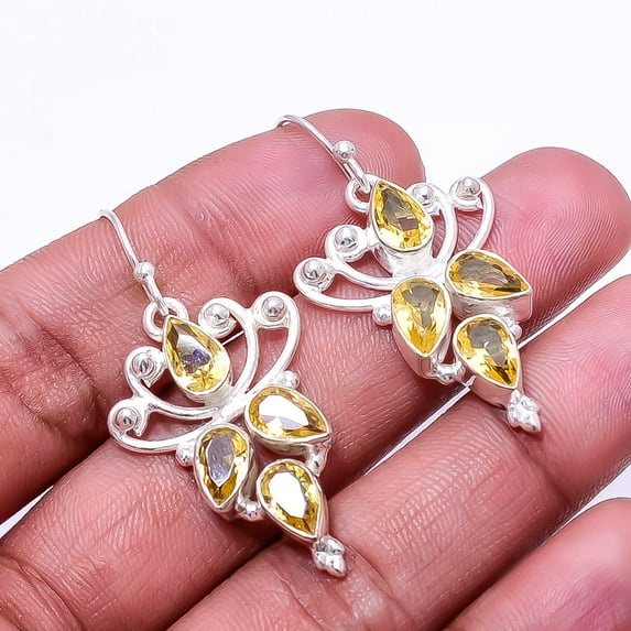Citrine Multi Collet 925 Silver Plated Earring 1.95", Yellow Citrine Earring E_8045_336_6