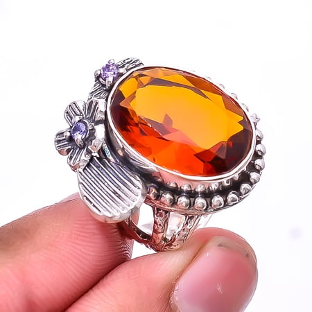Citrine & Purple Amethyst Oxidised Flower Designer 925 Sterling Silver Ring s.8, Yellow Citrine Ring R_9365_307_35, New Year Sale, Valentin's Day Gift