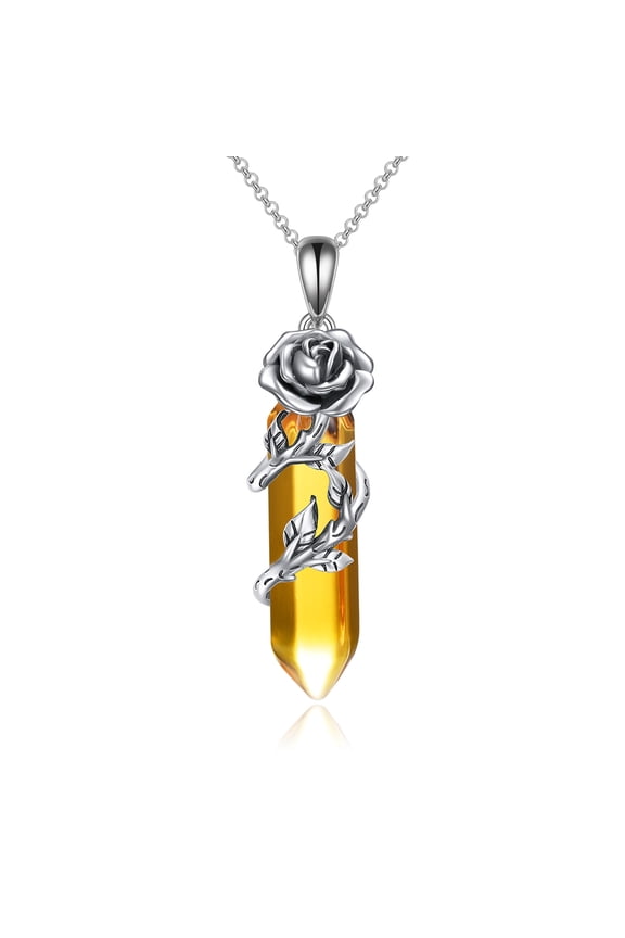 Citrine Quartz Healing Stone Crystal Necklace for Women Sterling Silver Rose Flower Pendant Mothers Day Jewelry Gifts