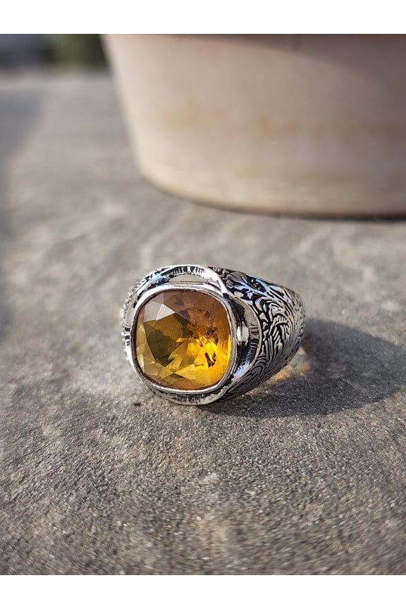 Citrine Ring Cushion Cut Natural Gemstone in Sterling Silver Band with Engraved Floral Scrollwork Design and Vintage Heirloom Finish