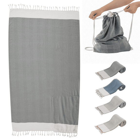 Citrine Turkish Beach Towel Bag Hammam Towel, %100 Turkish Cotton Peshtemal, Beach Bag, Dry Lightweight for Travel, Beach, Sauna, Spa Pool, 90x150 cm, Anthracite