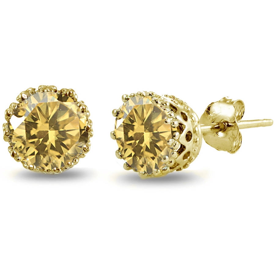 Citrine Yellow Gold Flashed Sterling Silver Crown Stud Earrings