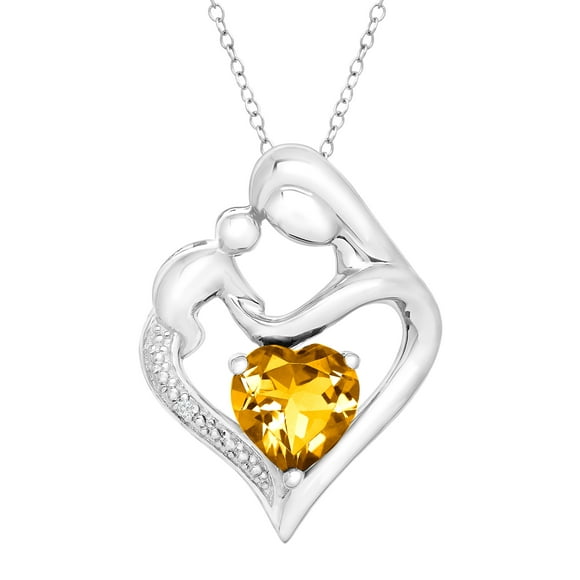 Citrine and Diamond Accent Mother and Child Heart Pendant Necklace in Sterling Silver, 18" Chain