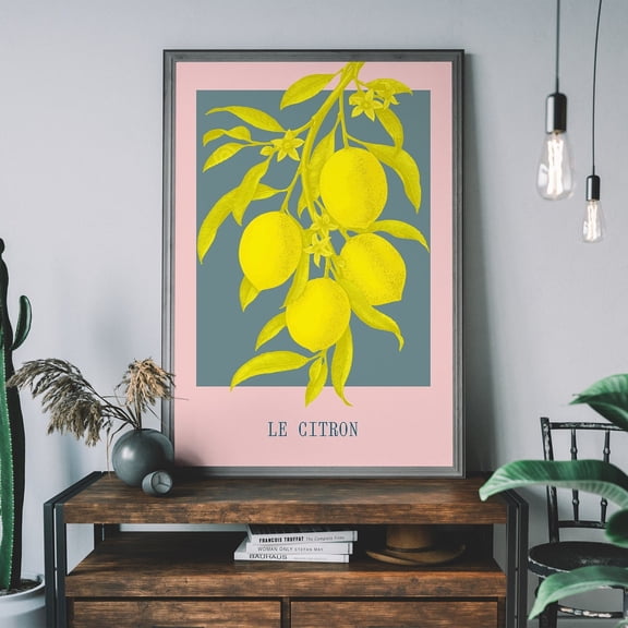 Citron Art Print, Abstract Lemon Illustration On Pastel Pink Background, Botanical Illustration, Fruit Poster Wall Art, Modern Wall Decor, 8x12 UNFRAMED