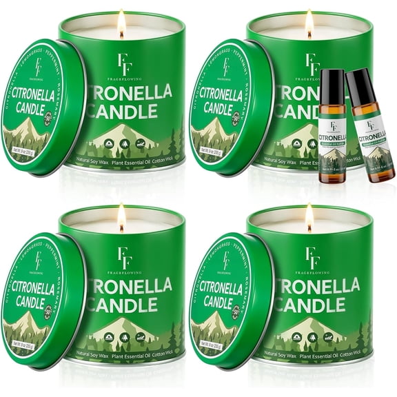 Citronella Candles Outdoor, Indoor Lemongrass Scented Candles with Citronella Essential Oil Roll On, Natural Soy Wax Jar Candle for Outside Camping Patio, 200-Hour Burn Time, 9 oz (4 Pack)