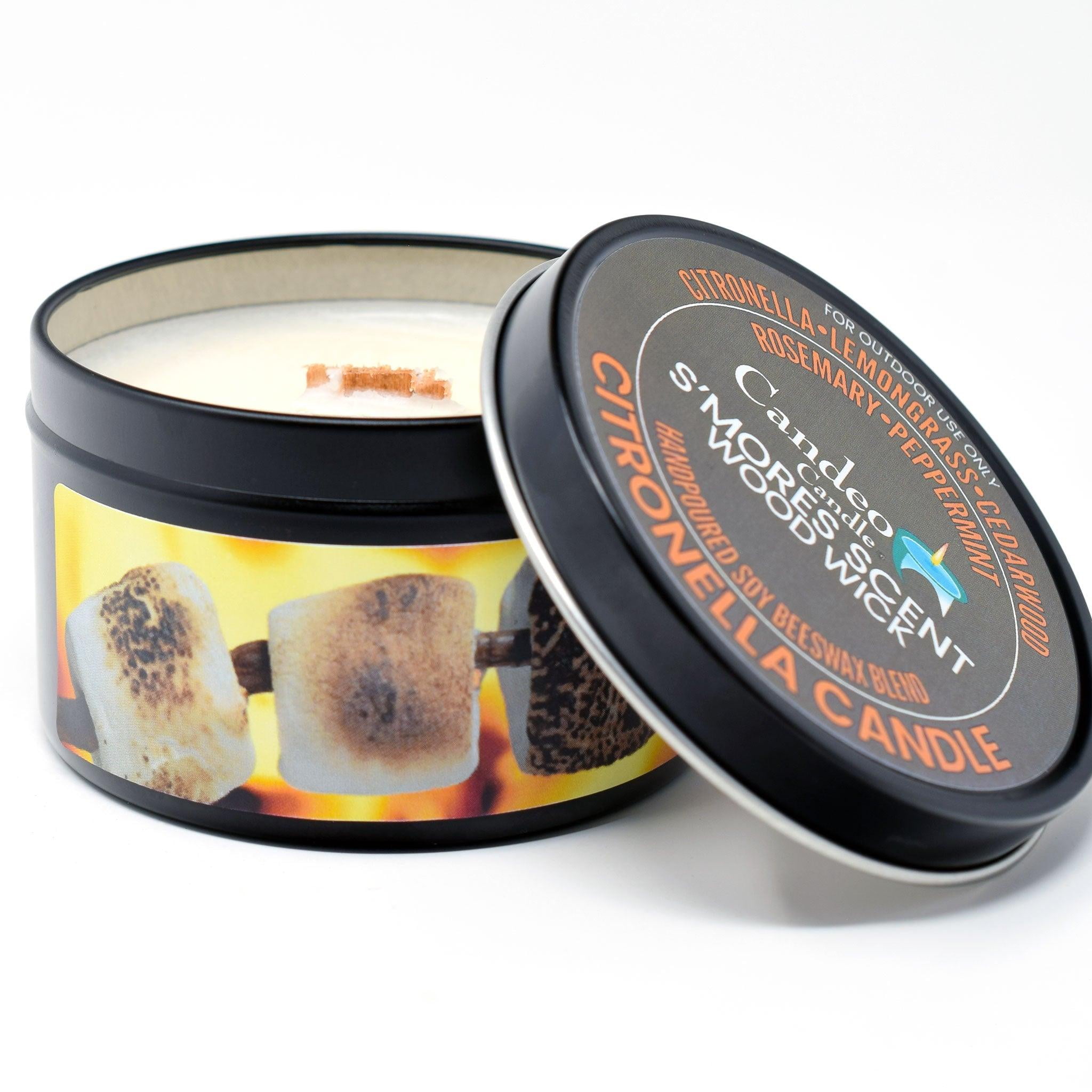 Citronella S'mores Candle, Soy/Beeswax Blend, Wood Wick, 6oz Black Tin