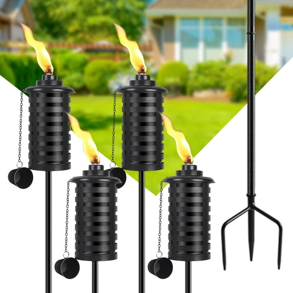Citronella Torches for Outside Set of 4, 16 Oz Outdoor Garden Torches with 3-Prong Grounded Stake, 59 Inch Metal Torch for Garden Décor, Outside Torches for Backyard, Garden, Patio