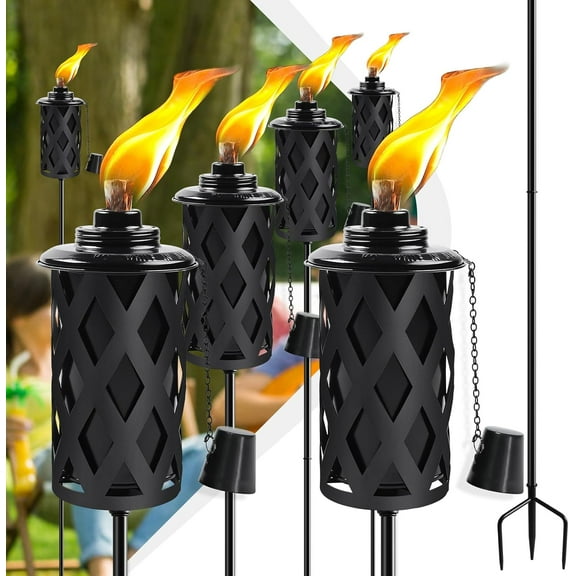 Citronella Torches for Outside Set of 6, 16 Oz Outdoor Torches with 3-Prong Grounded Stake, 59 Inch Metal Torch for Garden Décor, Outside Torches for Backyard, Garden, Patio (Black