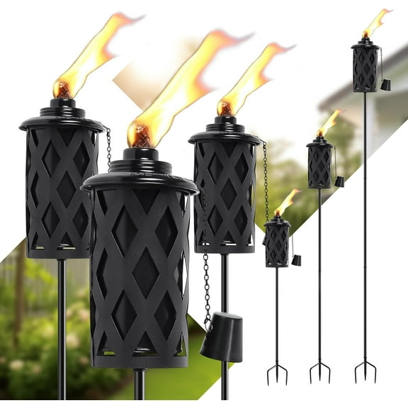 Citronella Torches for Outside Set of 6, Black16 Oz Outdoor Garden Torches with 3-Prong Grounded Stake, 59 Inch Metal Torch for Garden Décor, Outside Torches for Backyard, Garden, Patio