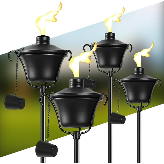 Citronella Torches Set of 4, 3-Prong Grounded Stake Outdoor Torches ,14.5 oz Garden Torches for Outside, 58 inch Outdoor Decorative Torch