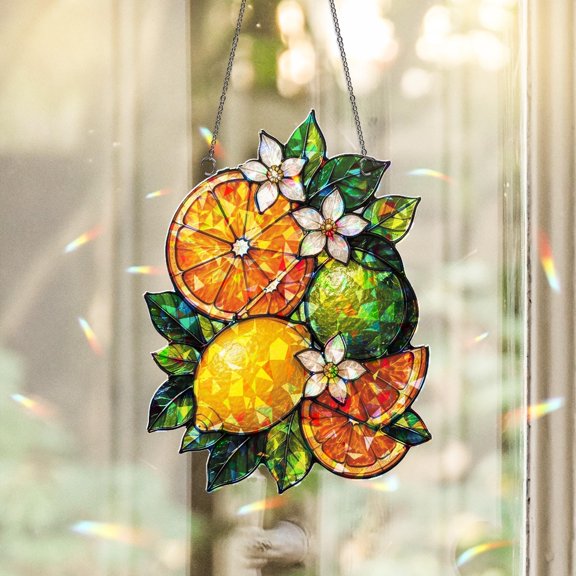 Citrus Acrylic Suncatcher, Faux Stained Glass Window Hanging, Orange Lemon Lime, Summer Decor size 6in