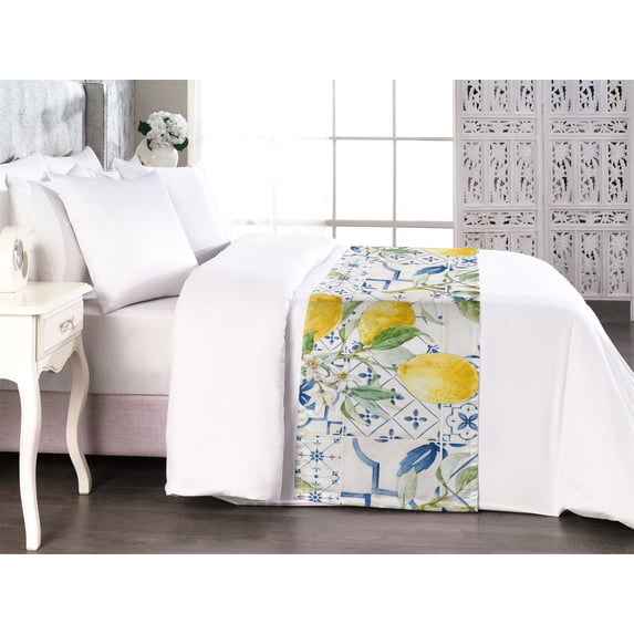 Citrus Bed Runner, Lemon Garden Scene with Floral and Leafy Braches on Sicilian Art Backdrop, Decorative Accent Bedding Scarf for Hotels Homes & Guest Rooms, King, Mustard Peacock Green, by Ambesonne