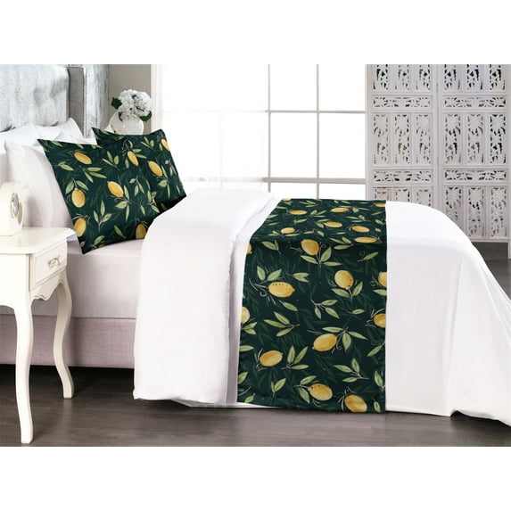 Citrus Bed Runner Set, Vintage Design Lemon Pattern with Leaves Greenery Tropical Forest Vibe Art, Decorative Bedding Scarf & 2 Pillow Shams for Hotels Homes, Queen, Mustard Hunter Green, by Ambesonne