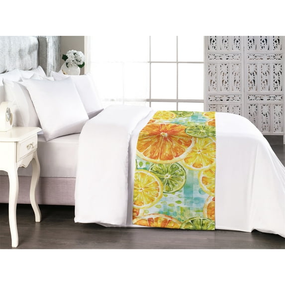 Citrus Bed Runner, Summer Circle Slices of Lime Lemon and Orange Fruits on Blue Backdrop, Decorative Accent Bedding Scarf for Hotels Homes & Guest Rooms, King, Yellow Marigold and Green, by Ambesonne