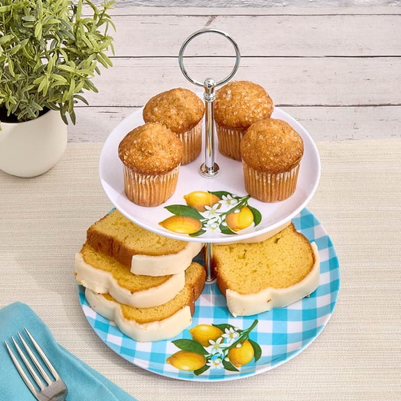 Citrus Chic Blue Plaid and Lemon Print 2-Tier Serving Tray