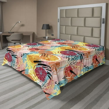 Citrus Flat Sheet, Contemporary Dreamy Aura Lemon Slices Pattern on Grungy Back Exotics Print, Soft & Comfy Top Sheet Decorative Bedding 1 Piece, California King, Pale Pink Multicolor, by Ambesonne