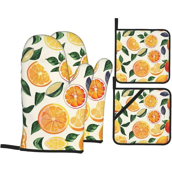 Citrus Fruit Pattern Print Oven Mitts and Pot Holders Sets 4 Piece Set Kitchen Women Men Cooking Baking Microwave Heat Resistant