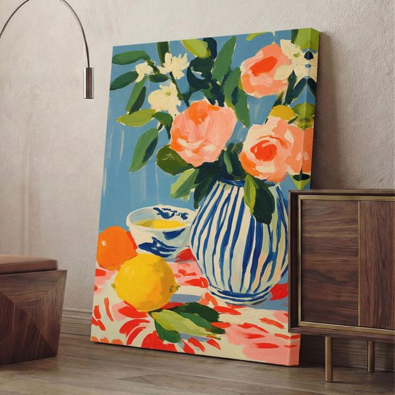 Citrus Fruit Still Life Print, Blue And White Vase Art, Lemon Orange Kitchen Decor, Colorful Preppy Floral , Summer Wall Art, Stretched Canvas 12x16in