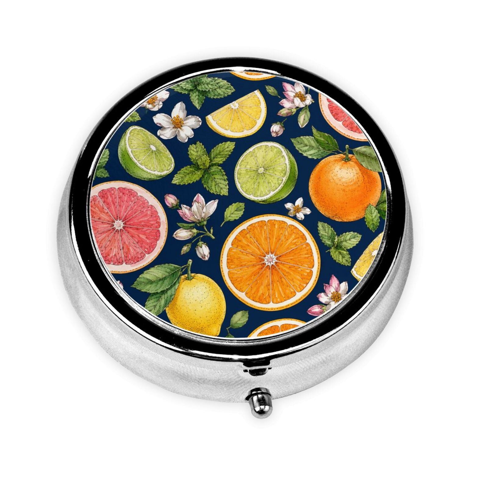 Citrus Fruits And Mint Mini Round Pill Box Portable Small Pill Case ...