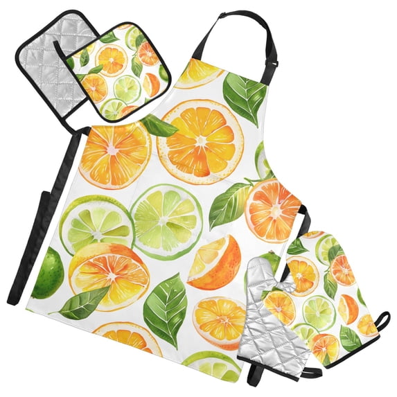Citrus Fruits and Leaves 5 Pcs Kitchen Set Heat Resistant Oven Mitts and Non-Slip Pot Holders with Adjustable Cooking Apron