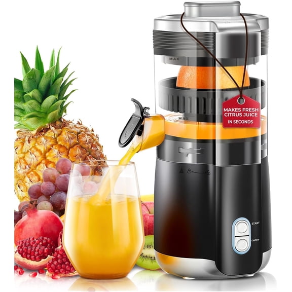Citrus Juicer Electric, Hand-Free Orange Juicer Machine with 2 Interchangeable Cones, Automatic Juice Squeezer for Orange, , Grape, Pomegranate, Cleaning Brush Included